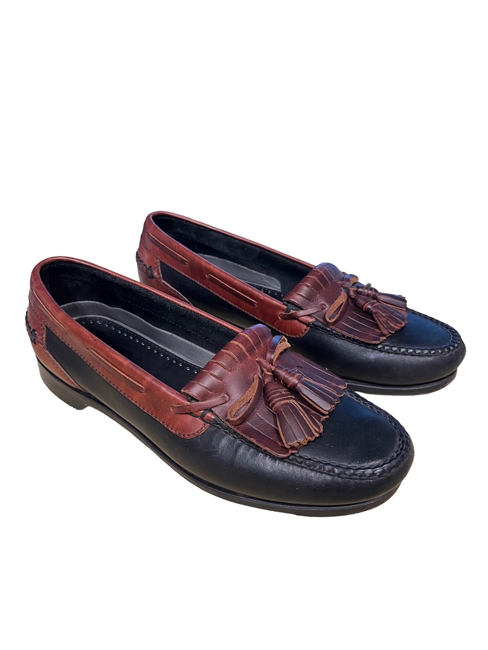 Johnston & Murphy Mens 11.5 Black Brown Leather Kiltie Tassel Boat Loafer EUC